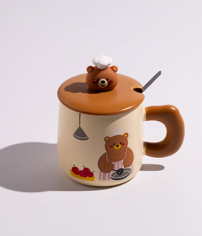 كوب سيراميك بتصميم دباديب لطيفة مع غطاء وملعقة