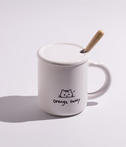 كوب قهوة سيراميك برسمة قطة مرحة مع غطاء وملعقة