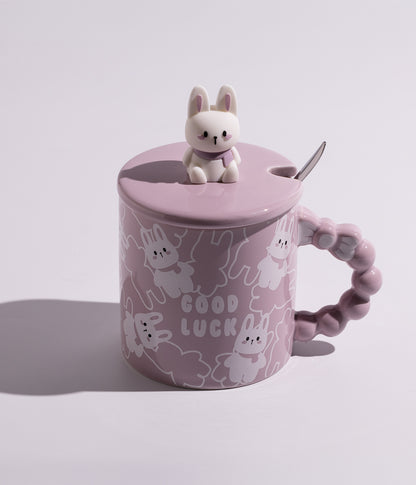 كوب سيراميك بتصميم مجسم أرنب على الغطاء مع ملعقة