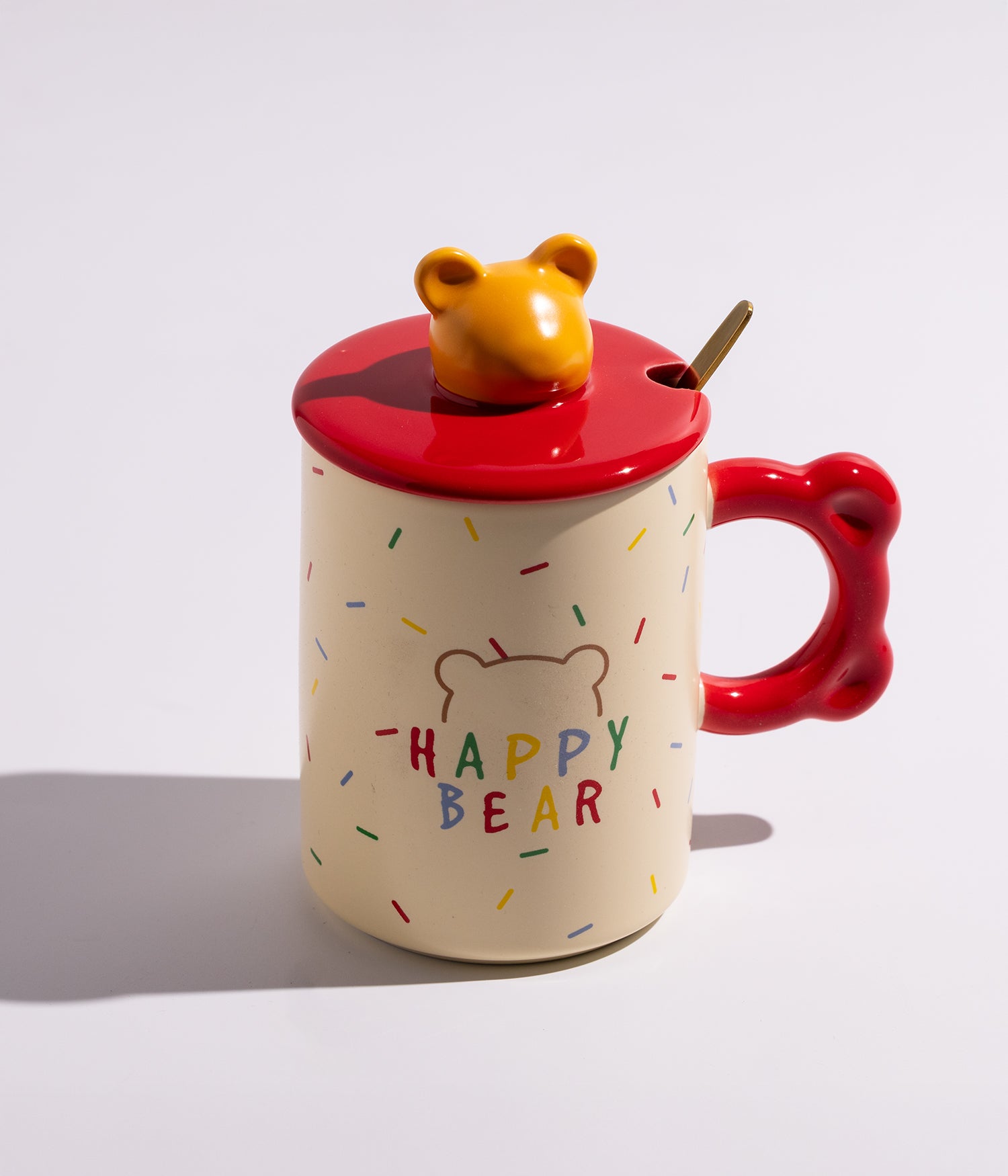كوب سيراميك برسومات ومجسم رأس الدب على الغطاء مع ملعقة