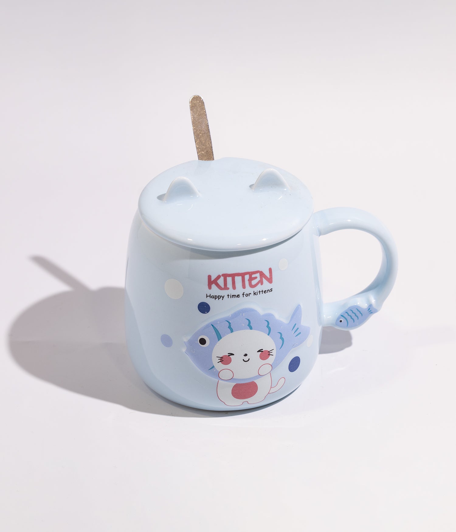 كوب قهوة سيراميك برسمة القطة والسمكة مع غطاء وملعقة