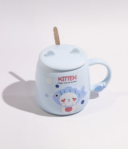 كوب قهوة سيراميك برسمة القطة والسمكة مع غطاء وملعقة