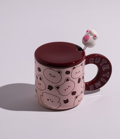 كوب سيراميك بتصميم أرانب لطيفة مع غطاء وملعقة