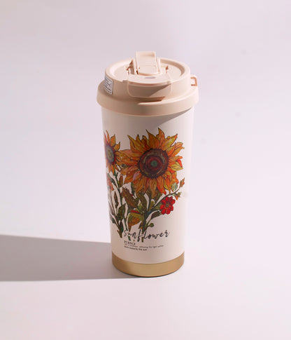 كوب حراري سيراميكي بزهور ملونة أنيقة وفنية مع غطاء محكم