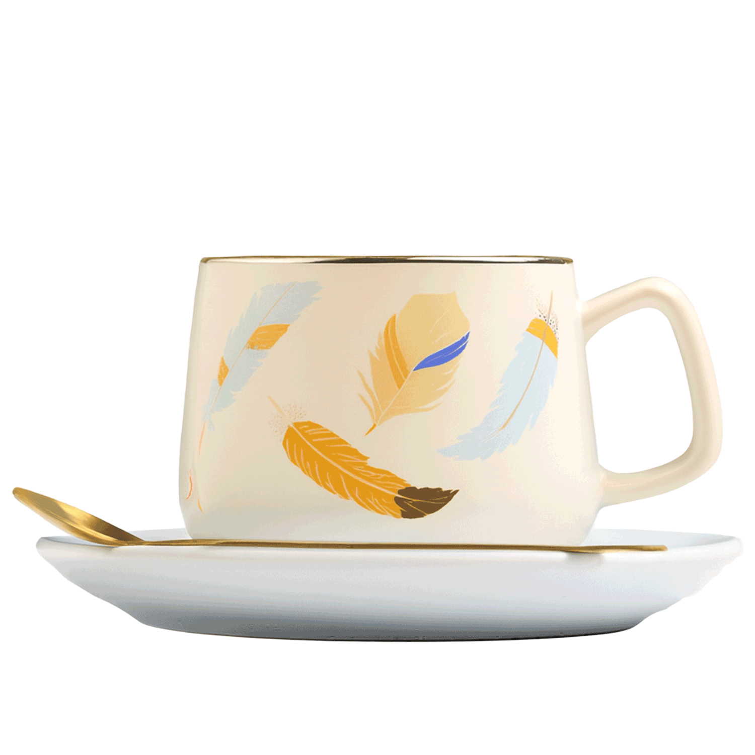 Colorful Feather Design Ceramic Coffee Cup with Stand and Spoon