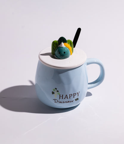 كوب سيراميك بعبارات لطيفة مزوّد بغطاء بمجسم ديناصور وملعقة