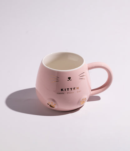 كوب سيراميك بتصميم وجه القطط المرحة مع غطاء بأذنين وملعقة ذهبية