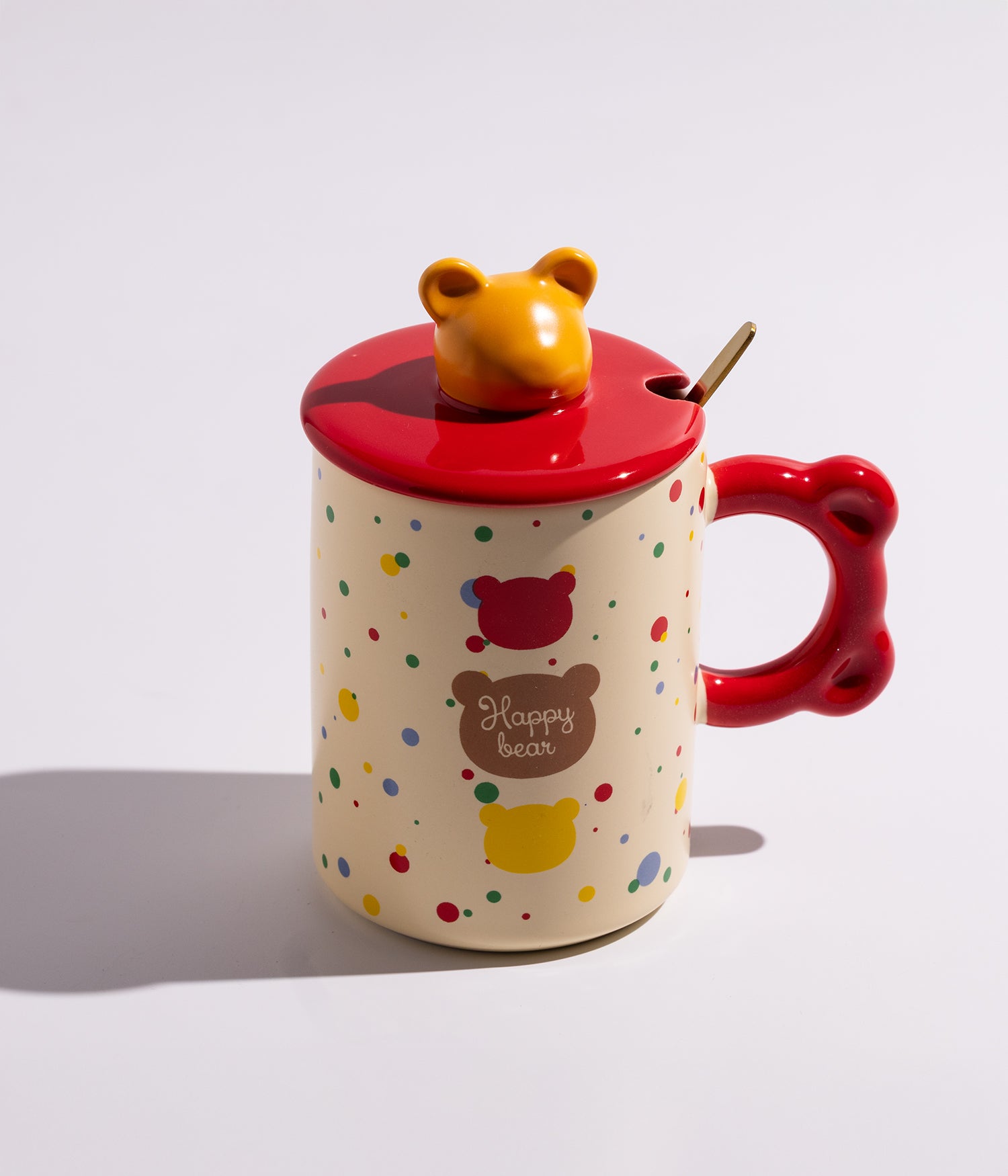 كوب سيراميك برسومات ومجسم رأس الدب على الغطاء مع ملعقة