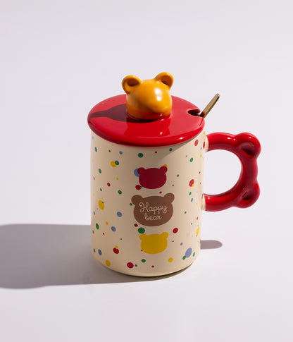 كوب سيراميك برسومات ومجسم رأس الدب على الغطاء مع ملعقة