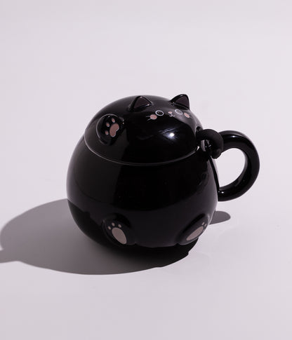 كوب سيراميك بتصميم قطة وغطاء عليه أذنين وملعقة