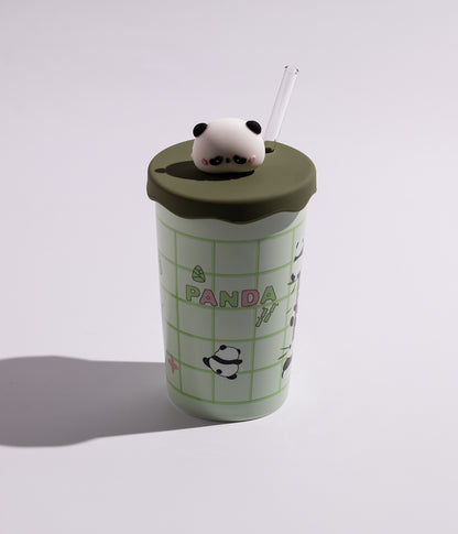 كوب سيراميك بتصميم مجسم رأس الباندا على الغطاء مع مزاز