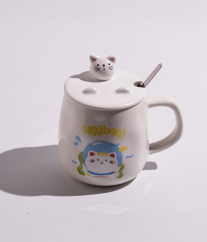 كوب سيراميك بتصميم قطة لطيفة مع غطاء وملعقة