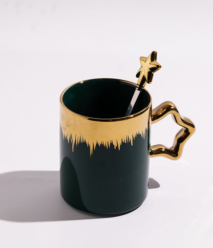 كوب سيراميك بخطوط ذهبيةمع ملعقة على شكل نجمة