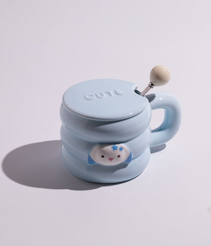 كوب سيراميك بتصميم دوائر مع غطاء وملعقة