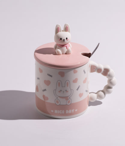كوب سيراميك بتصميم مجسم أرنب على الغطاء مع ملعقة