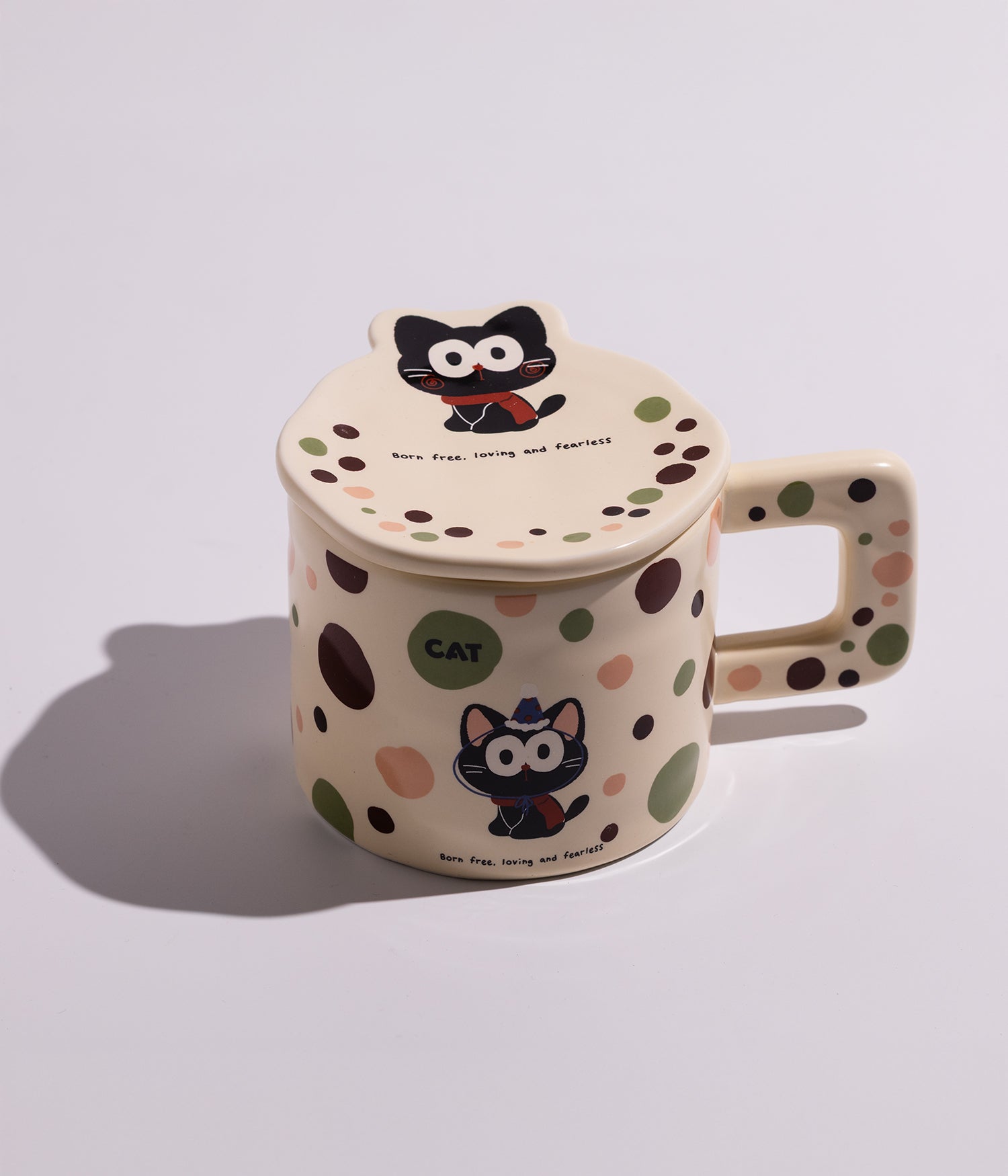 كوب سيراميك بتصميم قطة ونقط ملونة مع غطاء لحفظ الحرارة