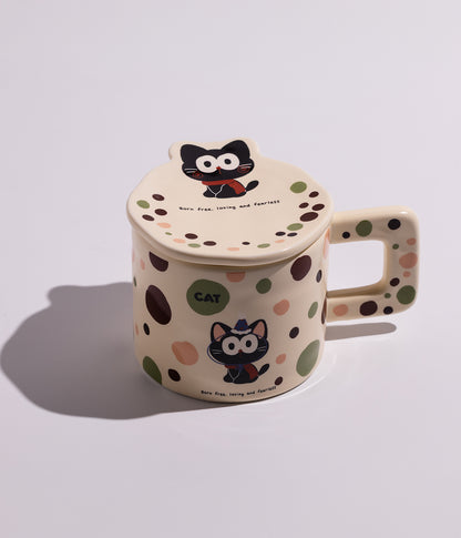 كوب سيراميك بتصميم قطة ونقط ملونة مع غطاء لحفظ الحرارة