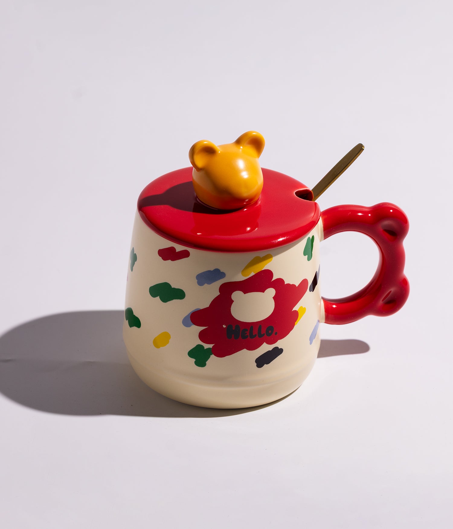 كوب سيراميك بتصاميم دببة مع غطاء بمجسم دب وملعقة