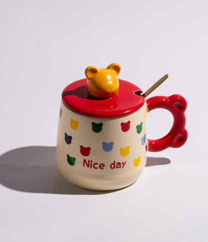 كوب سيراميك بتصاميم دببة مع غطاء بمجسم دب وملعقة