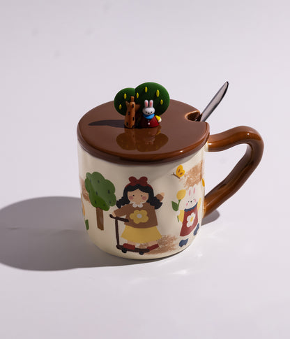 كوب سيراميك بتصميم الفتاة المرحة وغطاء بديكور شجرة مع ملعقة