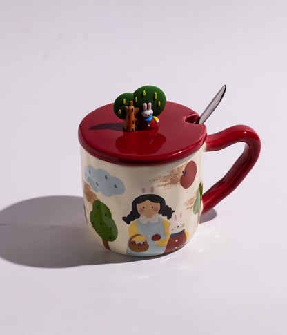 كوب سيراميك بتصميم الفتاة المرحة وغطاء بديكور شجرة مع ملعقة