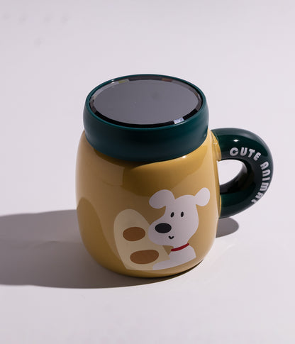 كوب سيراميك بتصميم كلب لطيف مع غطاء محكم الاغلاق لحفظ المشروبات