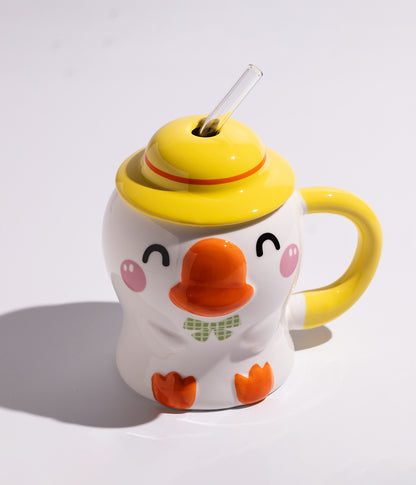 كوب سيراميك بتصميم بطوط لطيف مع غطاء أصفر ومزاز