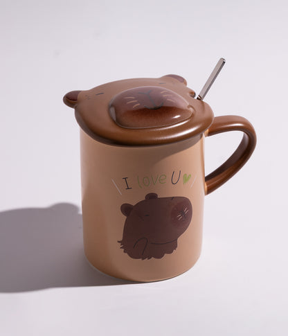 كوب سيراميك برسمة كلب البحر مع غطاء وملعقة