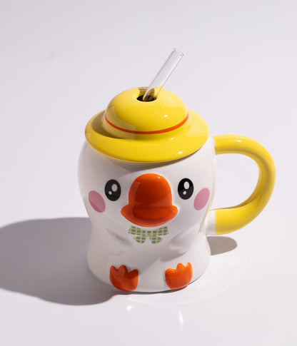 كوب سيراميك بتصميم بطوط لطيف مع غطاء أصفر ومزاز