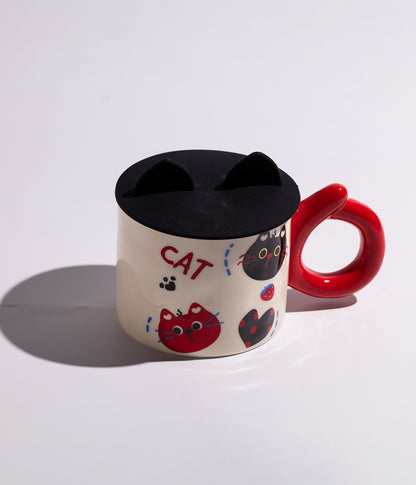 كوب سيراميك بتصميم وجه القطط المرحة مع غطاء بأذنين