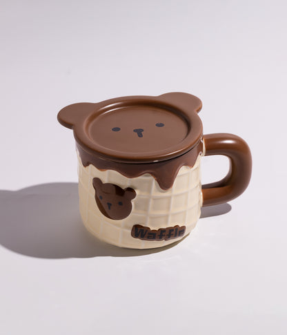 كوب سيراميك بتصميم وجه دب لطيف على الغطاء