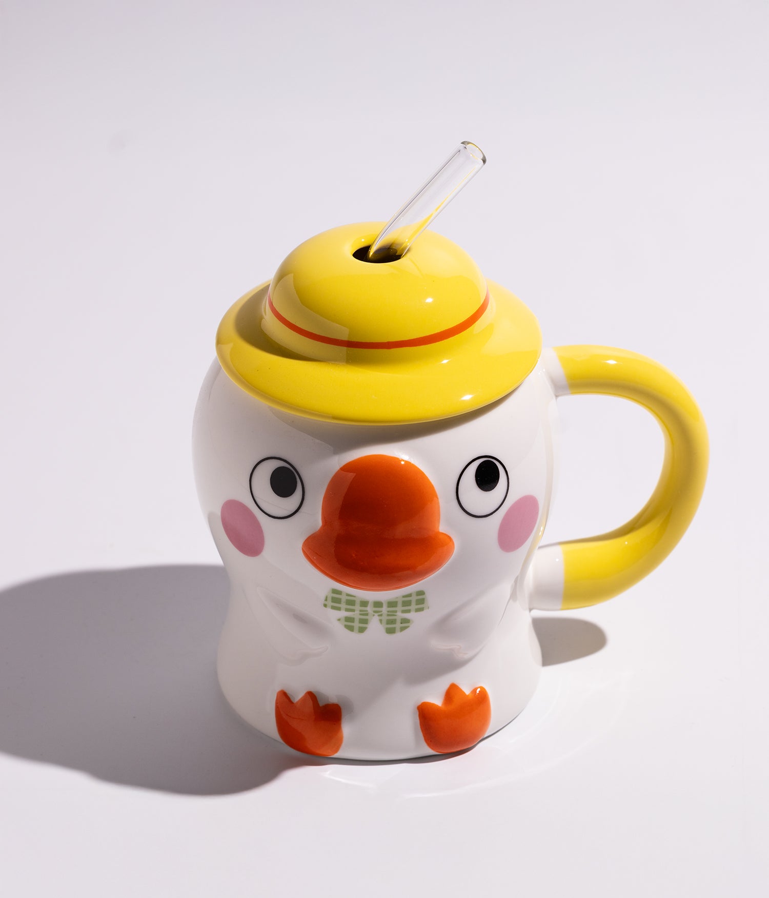 كوب سيراميك بتصميم بطوط لطيف مع غطاء أصفر ومزاز