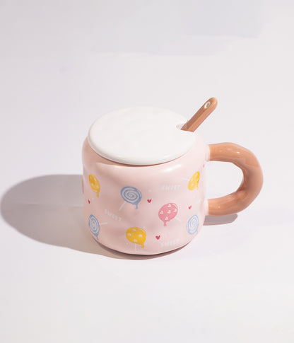 كوب سيراميك بتصميم لولي بوب مع غطاء وملعقة