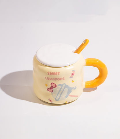 كوب سيراميك بتصميم لولي بوب مع غطاء وملعقة
