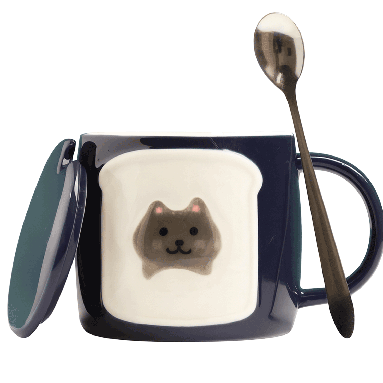 Cat on Toast Ceramic Mug with Lid and Spoon