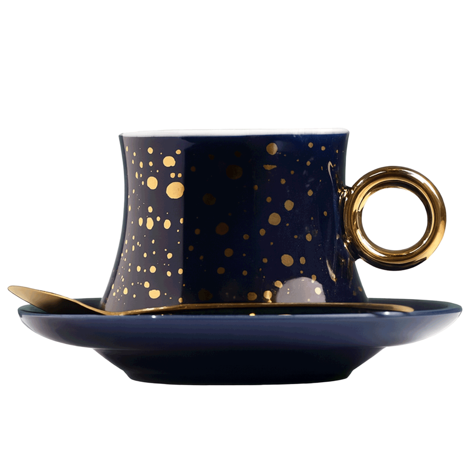 Ceramic coffee cup with gold dot design, with base and spoon