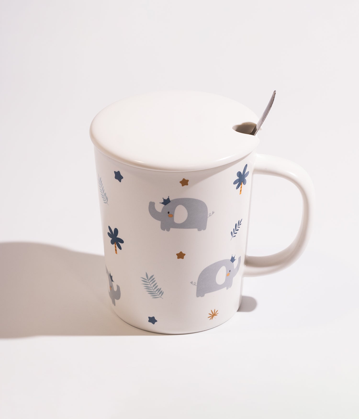 كوب سيراميك مزين بحيوانات الغابة مع غطاء وملعقة