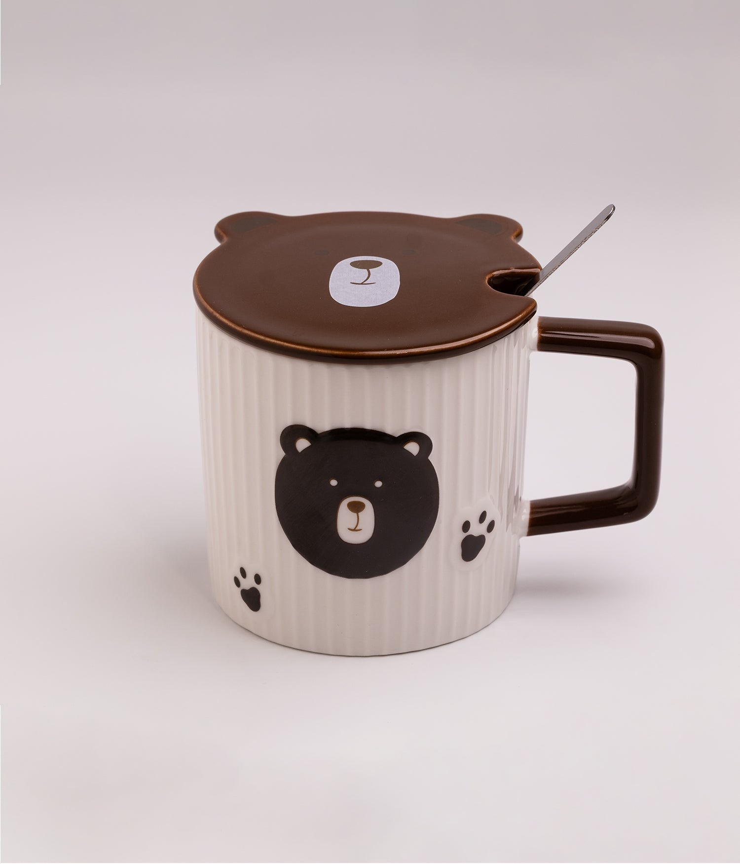 كوب سيراميك بتصميم وجه الدب ومخالبه مع غطاء وملعقة