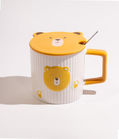 كوب سيراميك بتصميم وجه الدب ومخالبه مع غطاء وملعقة