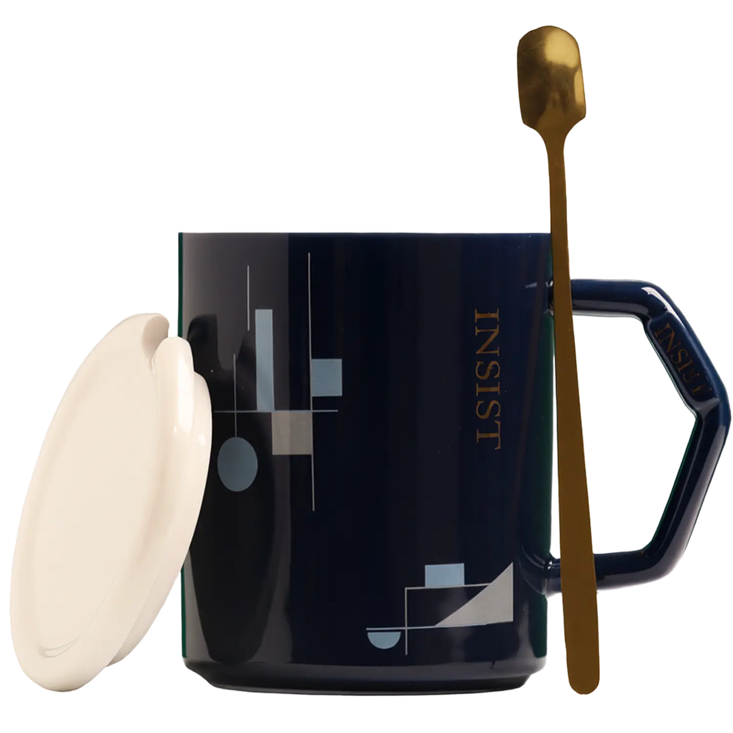 Ceramic mug with geometric design and the phrase 