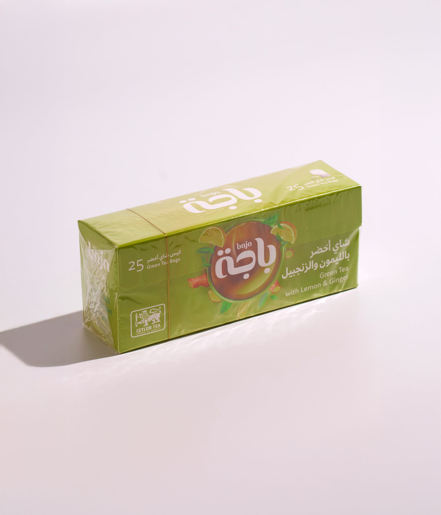 شاي أخضر بنكهة الليمون والزنجبيل من باجة، يأتي في عبوة تحتوي على 25 كيس، مناسب للاستخدام اليومي