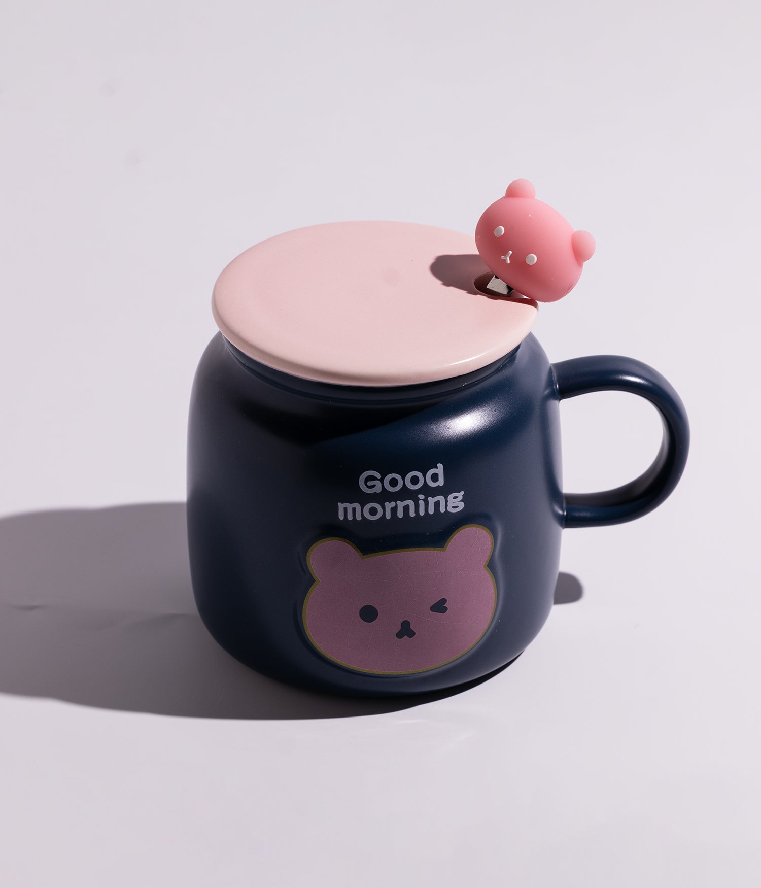 كوب سيراميك بتصميم وجه الدب وعبارة GOOD MORNING مع غطاء وملعقة