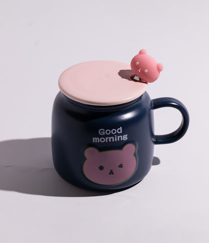 كوب سيراميك بتصميم وجه الدب وعبارة GOOD MORNING مع غطاء وملعقة