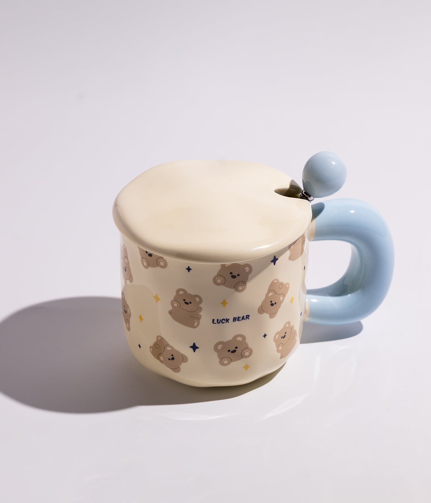 كوب سيراميك برسوم حيوانات لطيفة وغطاء مع ملعقة