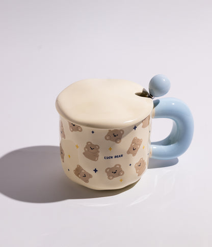 كوب سيراميك برسوم حيوانات لطيفة وغطاء مع ملعقة