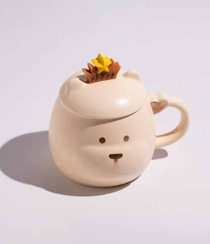 كوب سيراميك بتصميم وجه الدب بغطاء وملعقة على شكل تاج