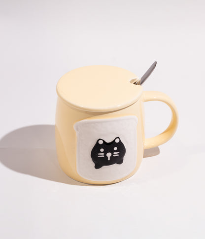 كوب سيراميك بتصميم قطة التوست اللطيفة مع غطاء وملعقة