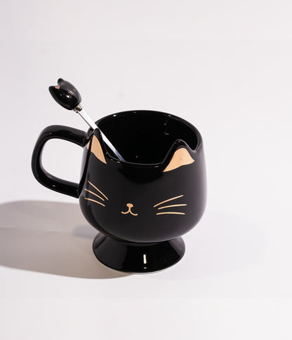 فنجان سيراميك بتصميم وجه قطة وأذنين باللون الذهبي مع ملعقة