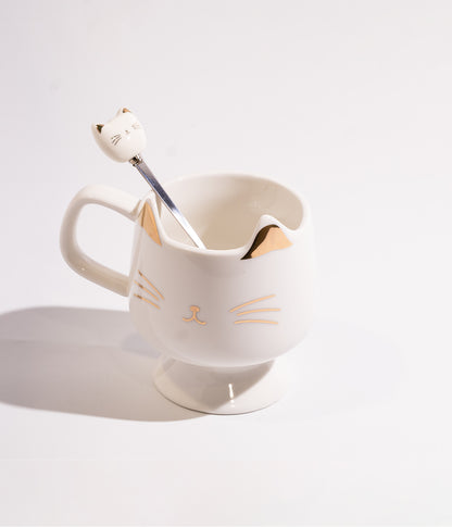 فنجان سيراميك بتصميم وجه قطة وأذنين باللون الذهبي مع ملعقة