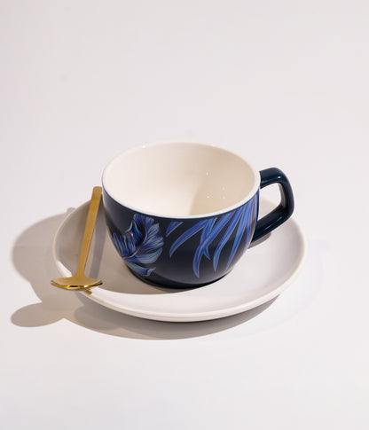 فنجان قهوة سيراميك بنقوش فنية زرقاء مع صحن  وملعقة